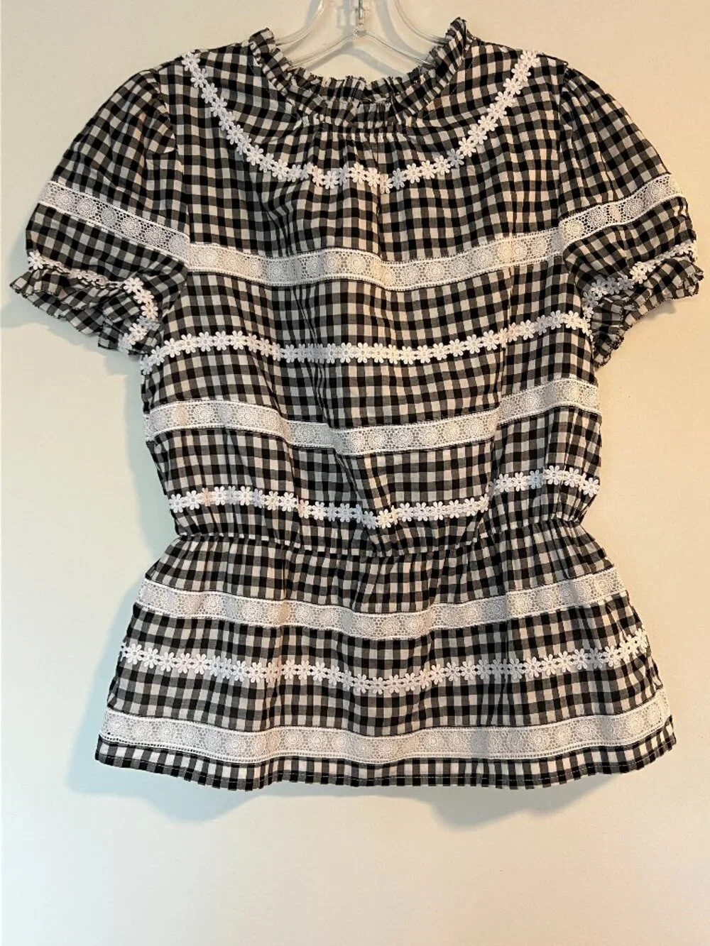 J.Crew Gingham Lace Trim Peplum Top Black & White XXS